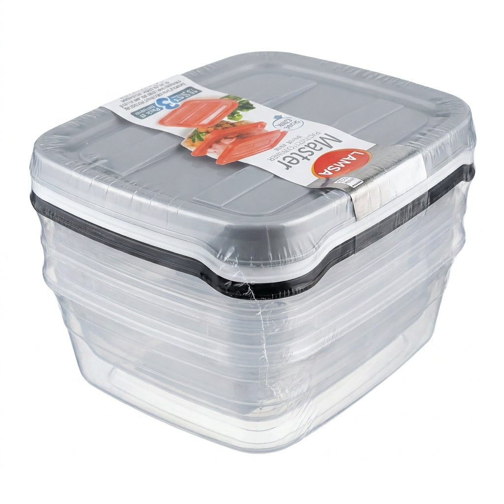 Lamsa Master Plastic Food Containers for Organised Kitchen Storage 3 Pack Stackable 0.6L 11.8x16.2x5.6cm BPA-Free Grey/Clear 160g SKU MW-6222045906268-PP