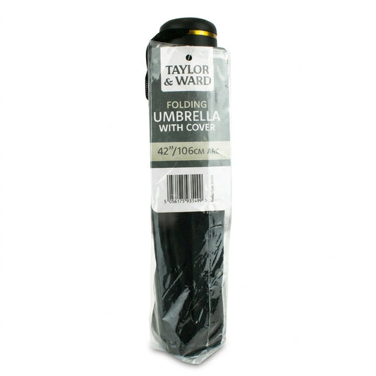 Taylor & Ward Folding Umbrella for On-The-Go Rain Protection Black With Cover 106cm Arc 320g SKU MW-5056175935499-PP