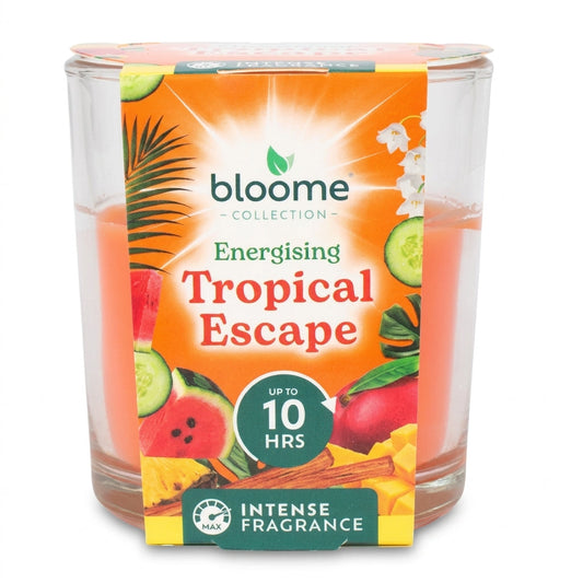 Bloome Glass Jar Candle for Home Fragrance Energising Tropical Escape 10 Hour Burn 95g Orange Wax SKU MW-5056683934878-PP