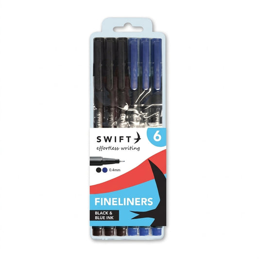 Swift Fineliner Pens for Effortless Writing Black and Blue Ink 6 Pack 43g SKU P3109