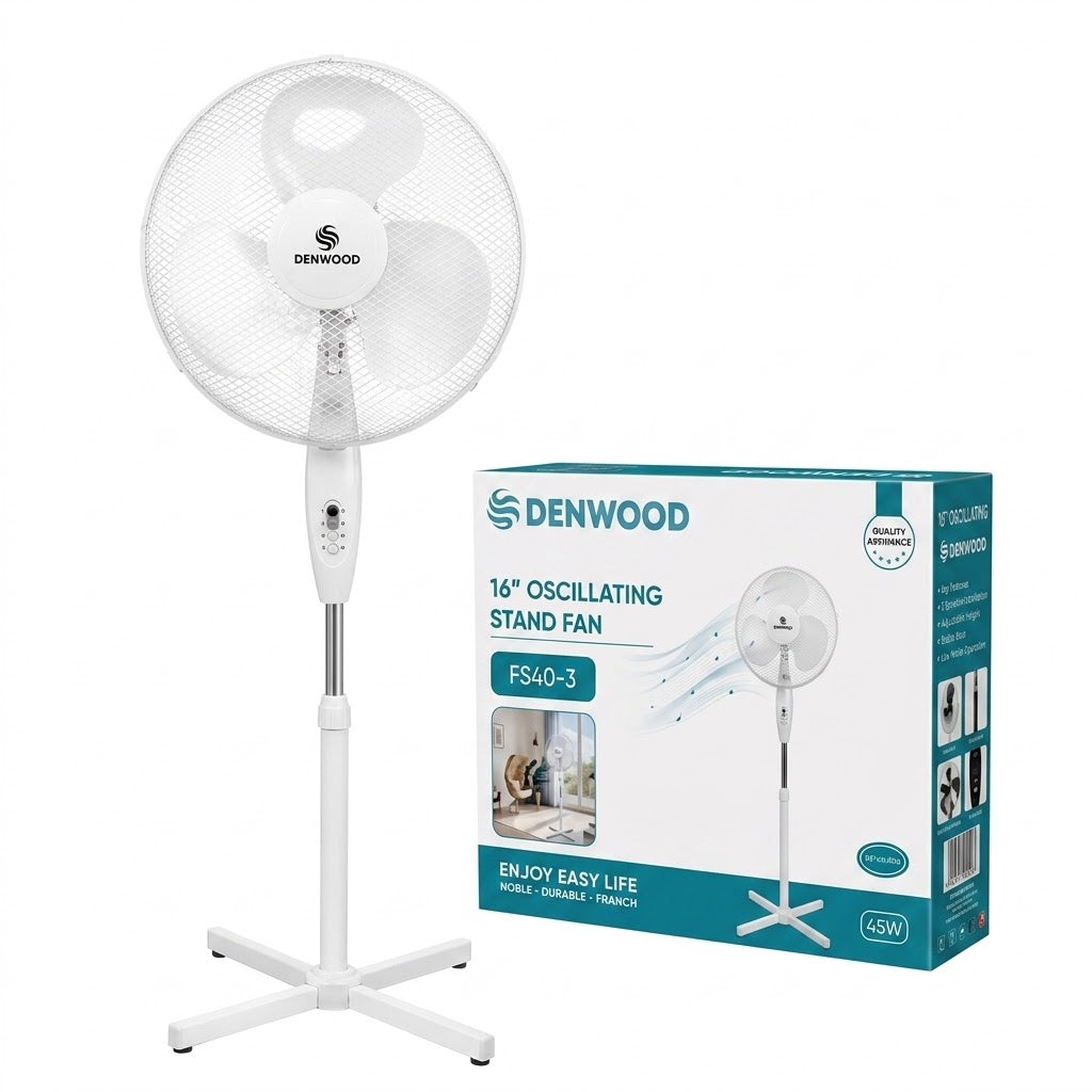 DENWOOD 16 Inch Oscillating Stand Fan – 45W Pedestal with 3 Speed Settings, Adjustable Height &amp; Wide Angle Oscillation – Model FS40-3