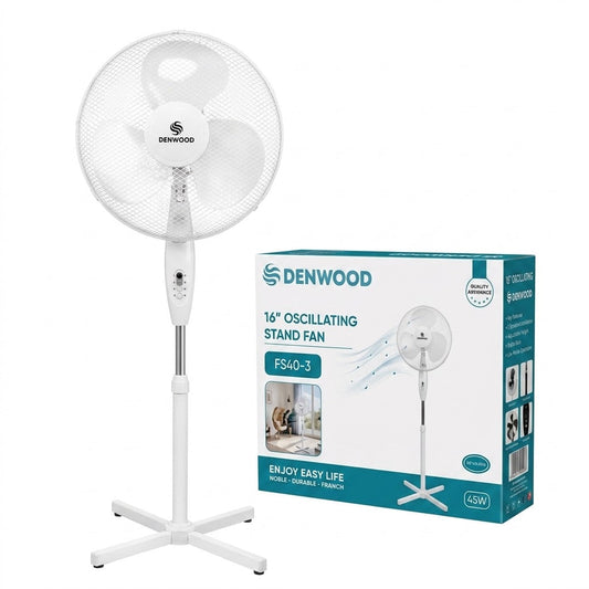 DENWOOD 16 Inch Oscillating Stand Fan – 45W Pedestal with 3 Speed Settings, Adjustable Height &amp; Wide Angle Oscillation – Model FS40-3
