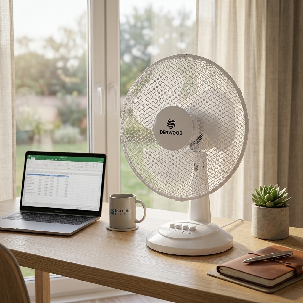 Denwood 12" Oscillating Table Fan, 35W Desk Fan with 3 Speed Settings, Adjustable Tilt, White, SKU F17.50