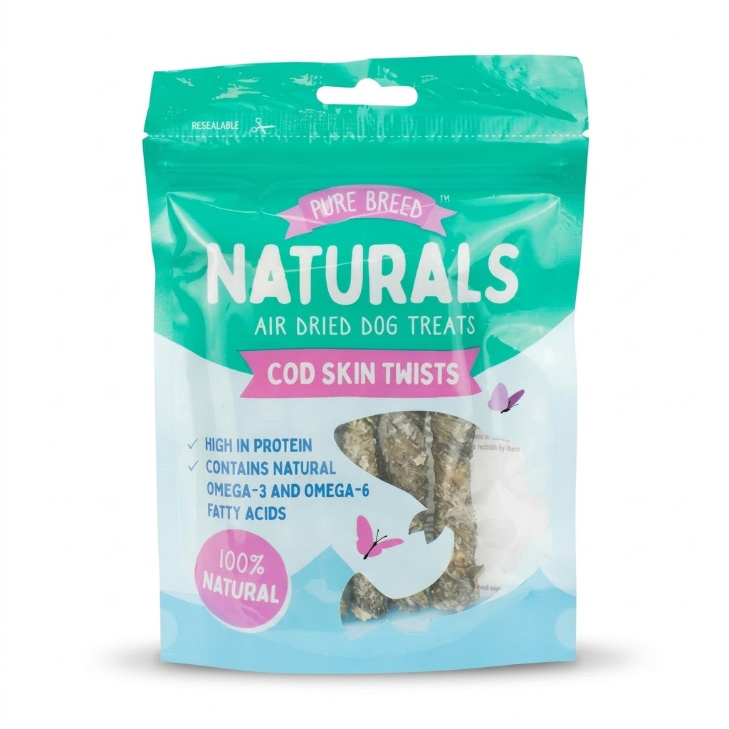 Air Dried Cod Skin Twists Dog Treats for Nutritious Rewards 100% Natural High in Protein Omega-3 and Omega-6 Resealable Pouch 50 g SKU MW-5056683940565-PP