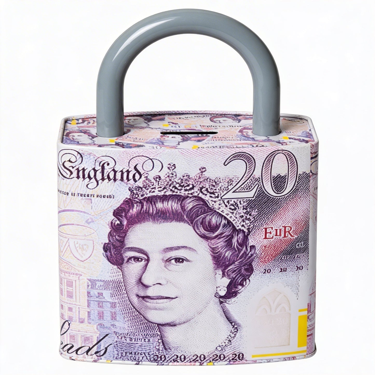 Queen Elizabeth Pound Note Reusable Coin Money Tin Box with Padlock Shape, Handle &amp; Assorted Designs – 211g, 16.5 x 9.5 x 26.5cm, SKU PAD001A