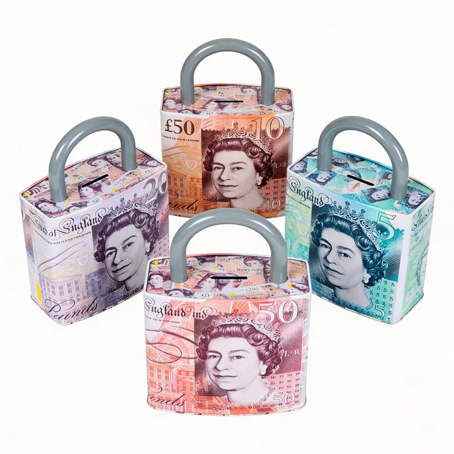 Queen Elizabeth Pound Note Reusable Coin Money Tin Box with Padlock Shape, Handle &amp; Assorted Designs – 211g, 16.5 x 9.5 x 26.5cm, SKU PAD001A