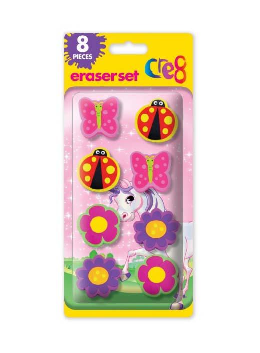 Girls Assorted Cre8 Eraser Set Pink Floral Ladybird Butterfly 8 Pack P2780