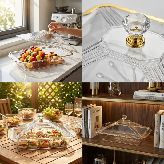 Clear Plastic Party Tray with Gold Lid, 683g, 40cm – SKU 8165