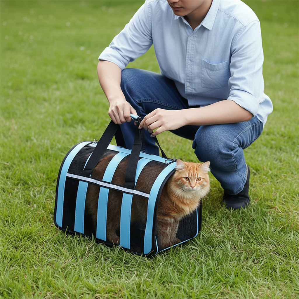 Pet Dog Cat Foldable Striped and Mesh Carrier Case with Handle and Shoulder Strap 48.5 x 26 x 27cm Assorted Colours 8050
