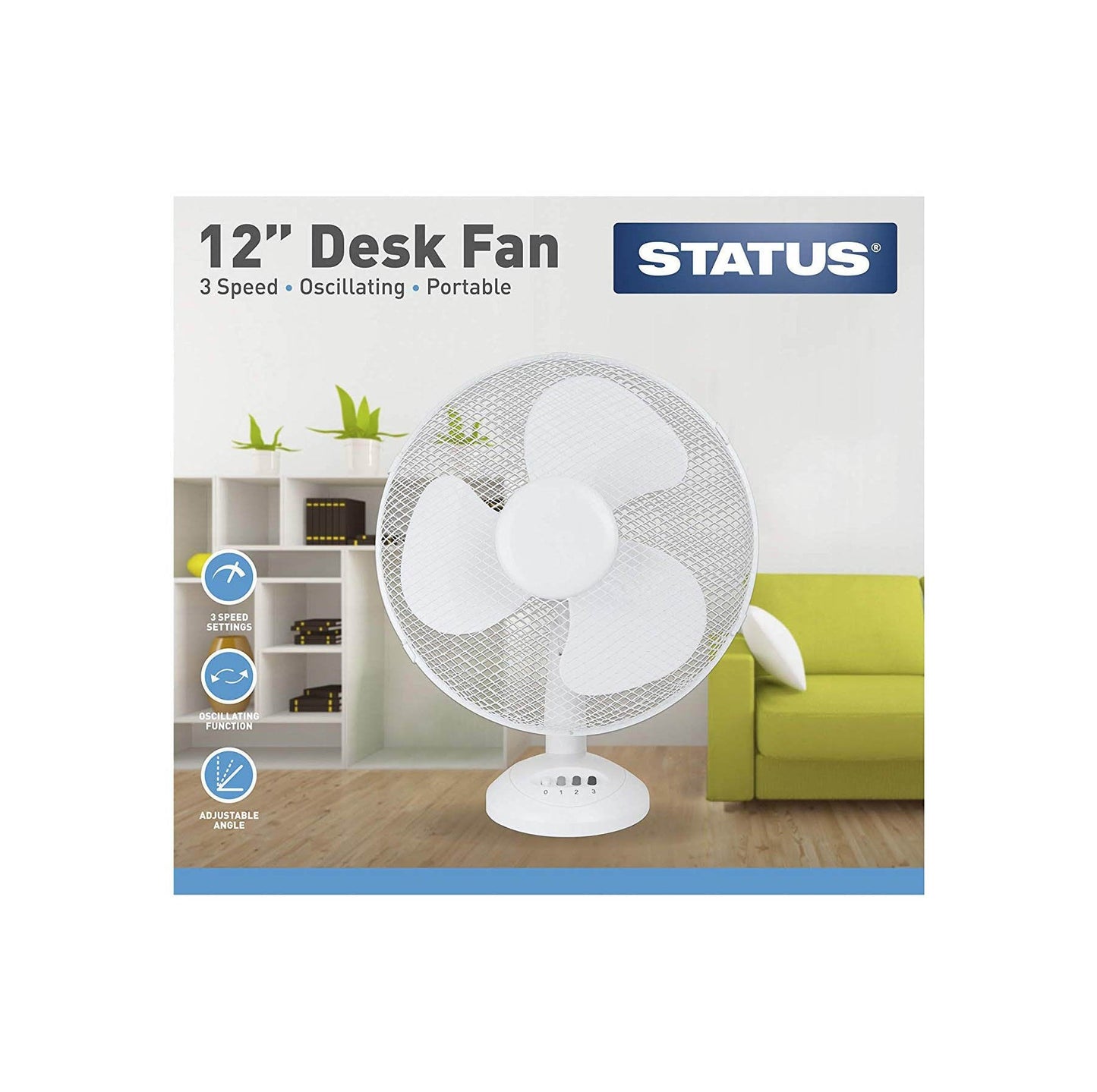 12'' White Status Desk Fan 3 Speed Settings Oscillating Adjustable Fan S12DESKFAN