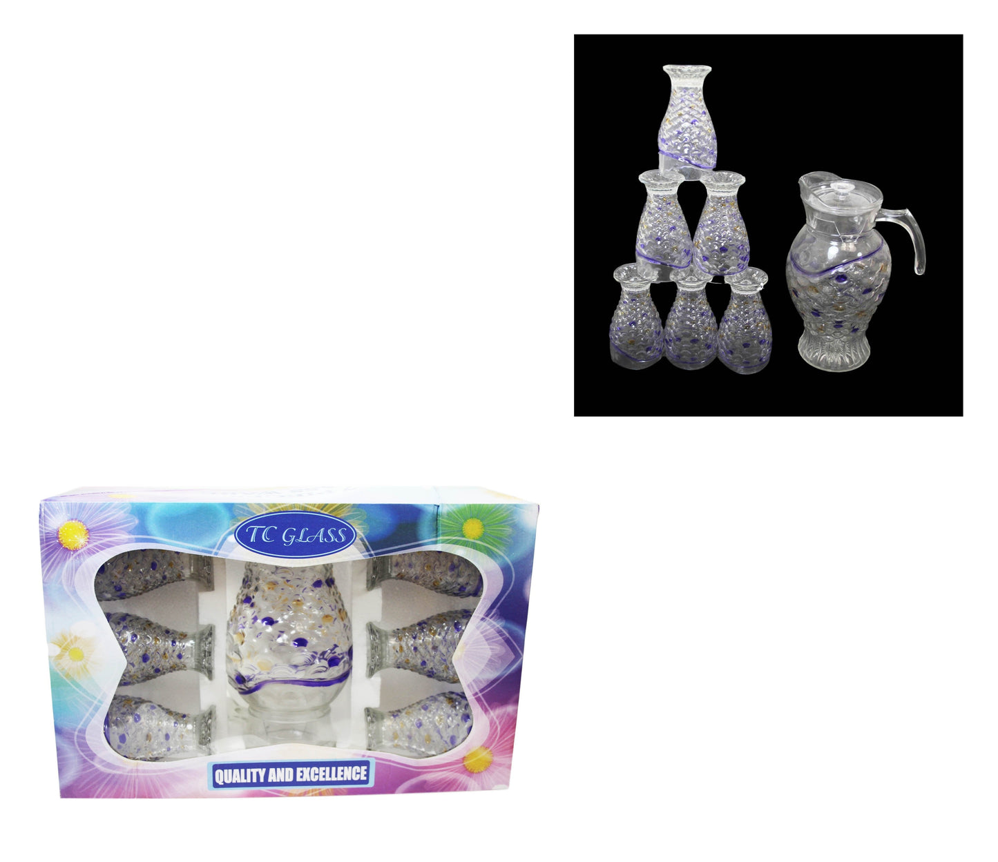 Glass Water Juice Serving Jug with Glasses Set of 7 Coloured Fish Scale Design Assorted Colours 6336 (Big Parcel Rate)