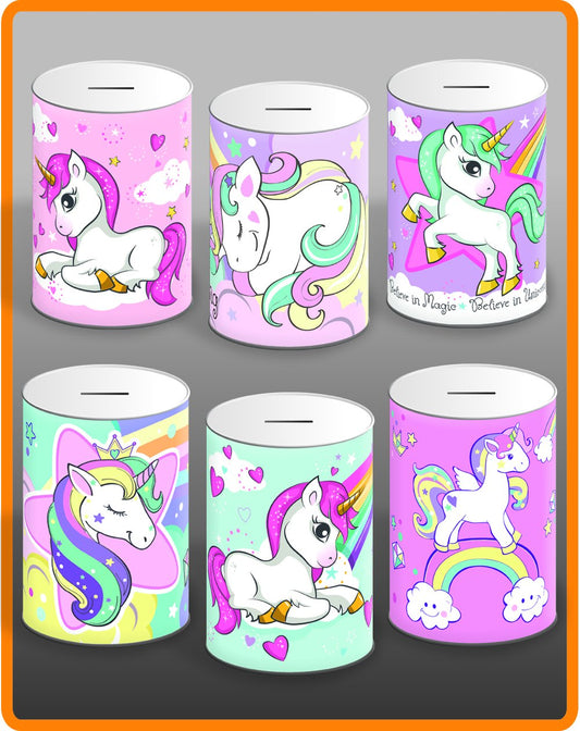 6 Assorted Styles Unicorn Money Tin 145mm x 110mm UNI001 (Parcel Rate)